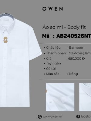 ÁO SƠ MI TRẮNG NGẮN TAY BAMBOO CÓ TÚI AB240526NT HỌA TIẾT