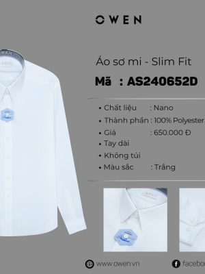 ÁO SƠ MI TRẮNG DÀI TAY NANO KHÔNG TÚI AS240652D GÂN